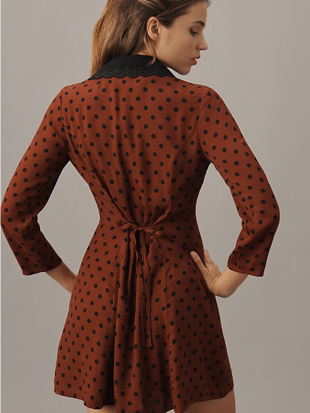 Reformation Brown Polka Dot Mini Dress with Black Scallop Collar - Picture 3 of 7